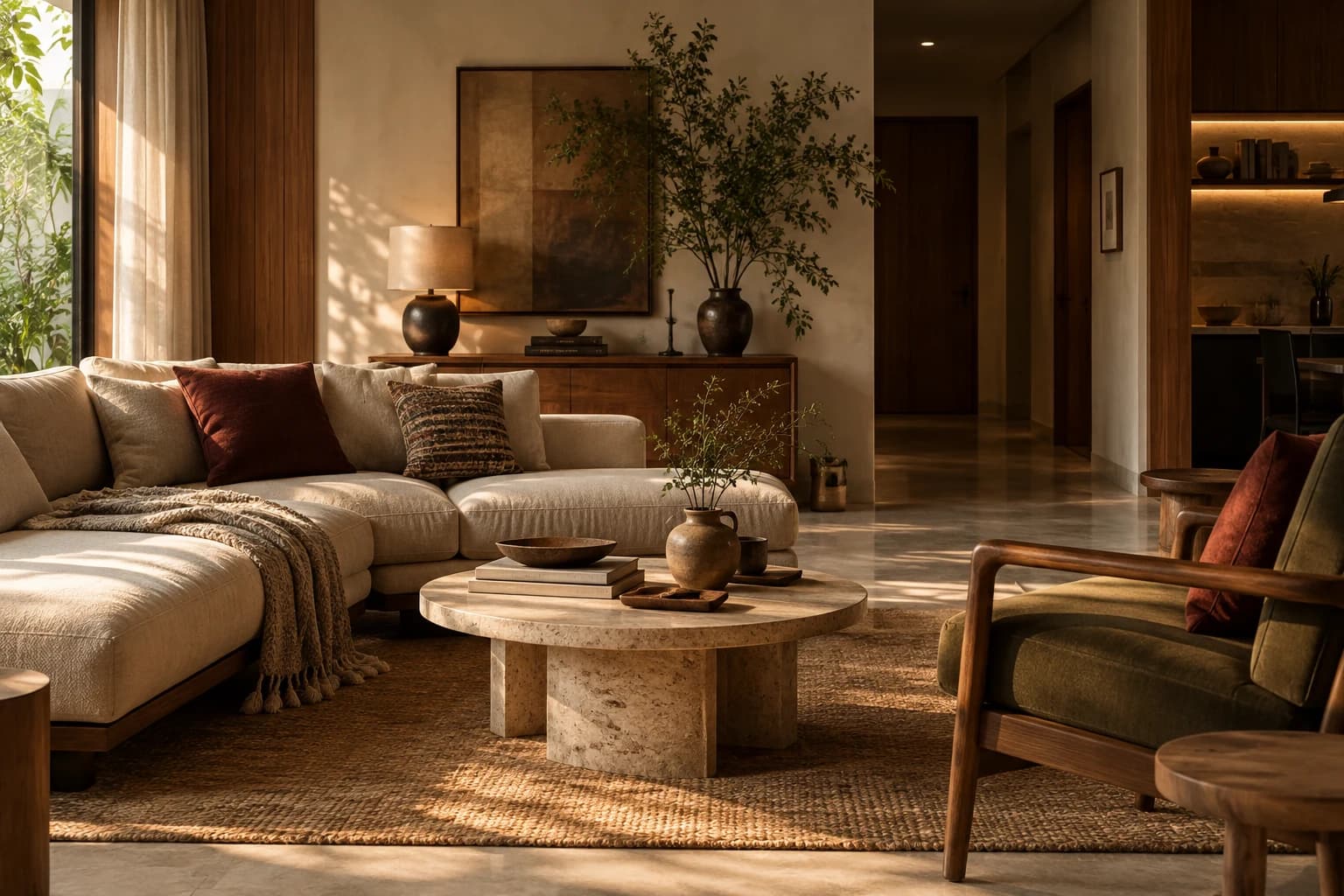 Warm contemporary living room with natural wood, textured upholstery and soft afternoon light