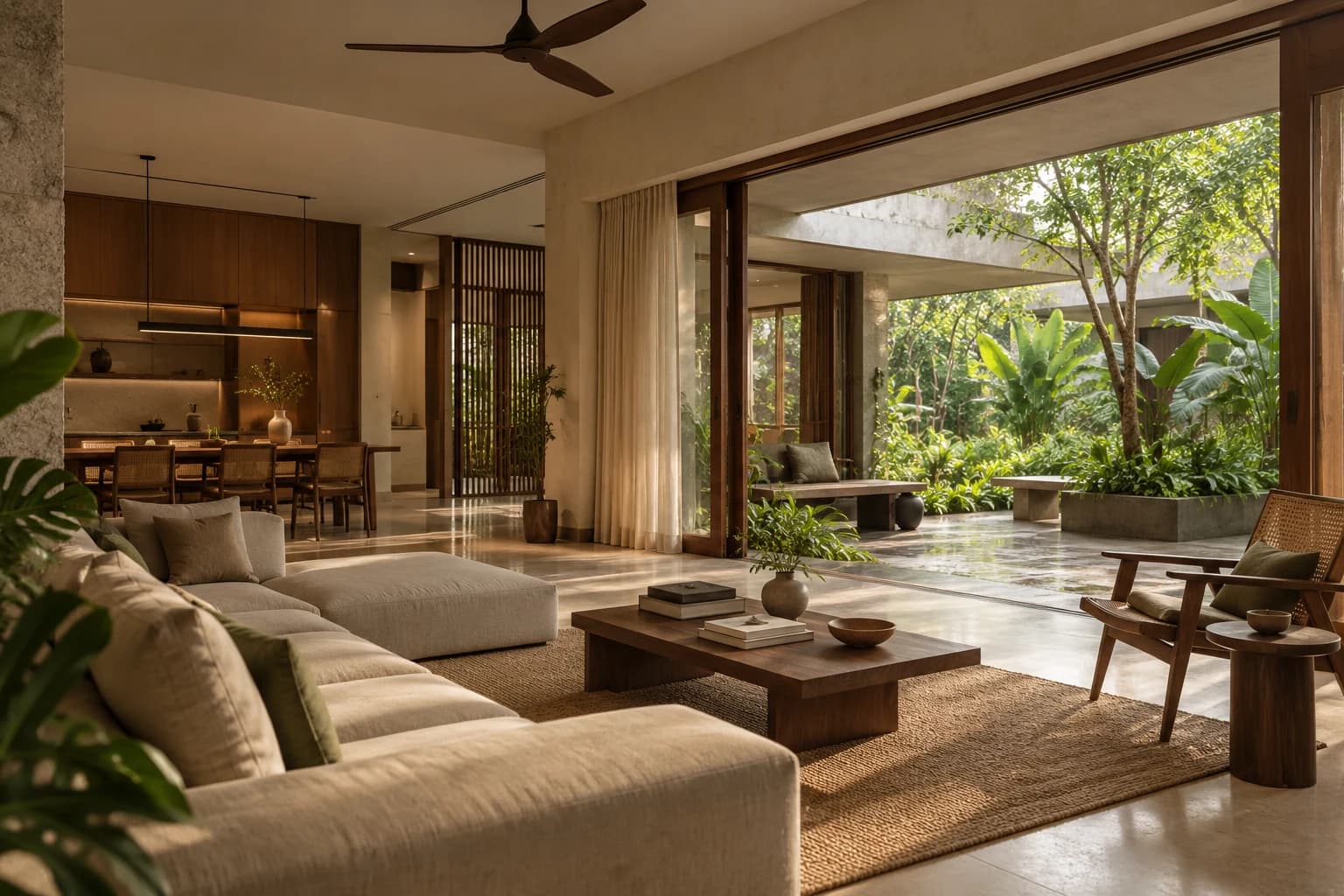Airy contemporary interior with a shaded garden outlook, natural textures and daylight