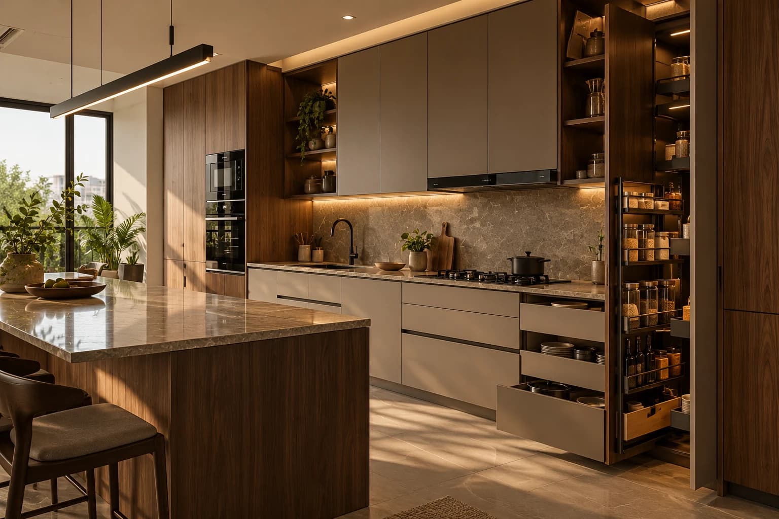 Modern kitchen with warm wood cabinetry, stone counters and practical storage