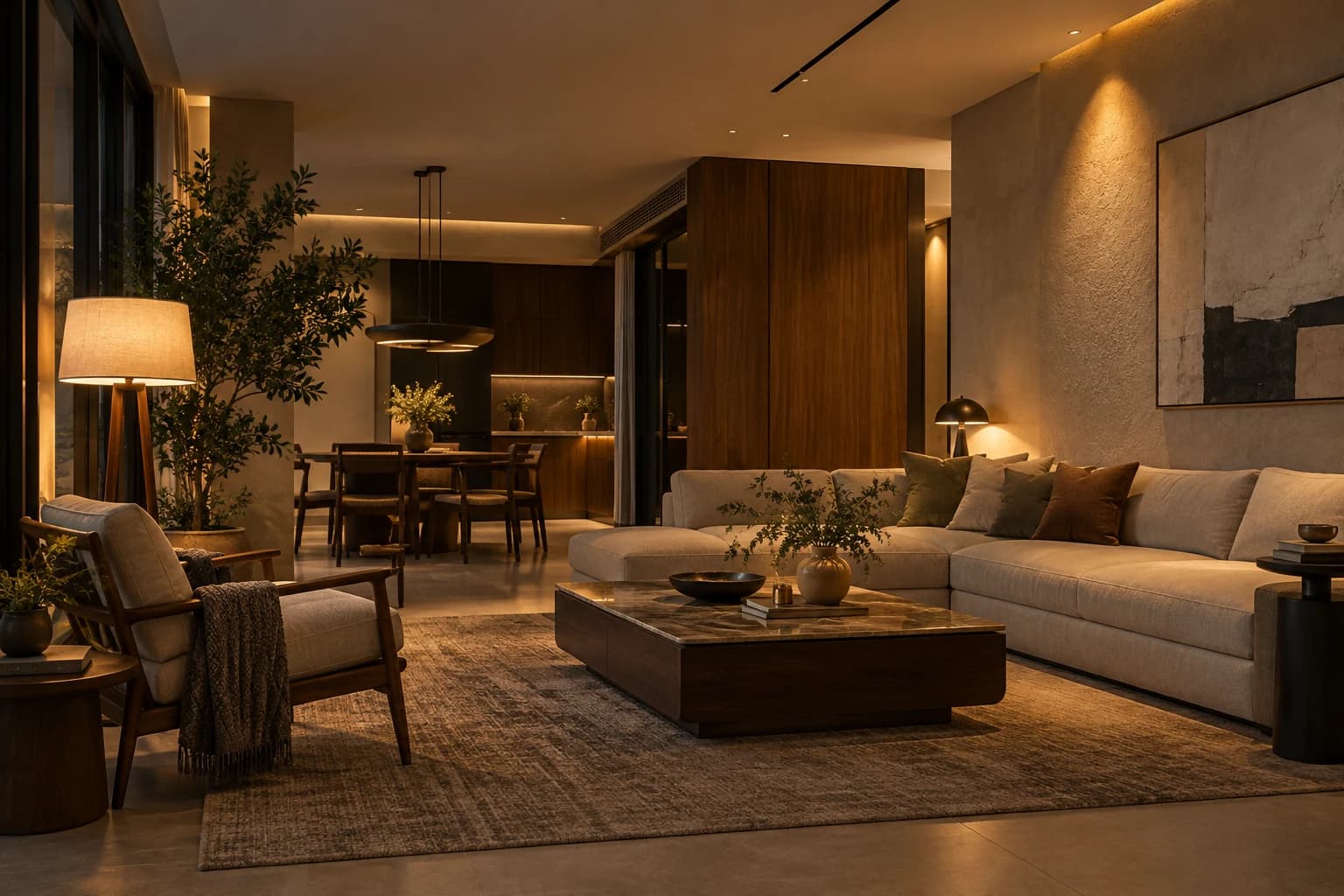 Contemporary living and dining room with layered pendant and ambient lighting