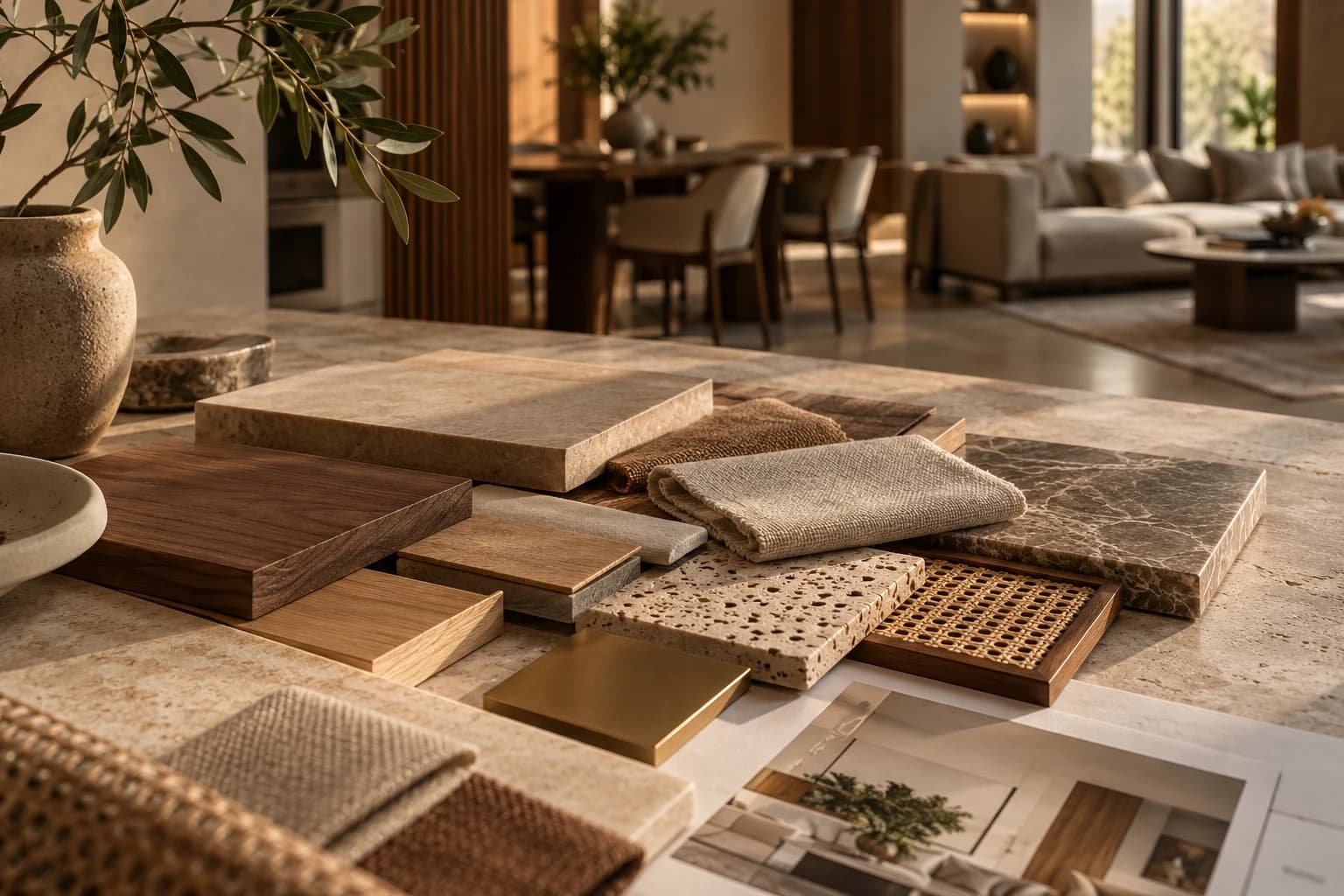 A curated palette of walnut, travertine, woven fabric and natural stone samples