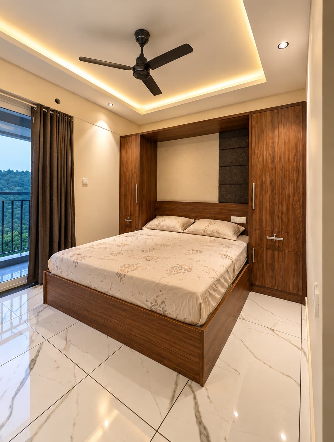 Bedroom with timber wardrobes, an integrated headboard and warm concealed ceiling lighting