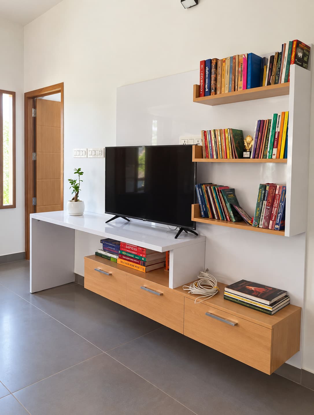 Television console with timber drawers and open bookshelves