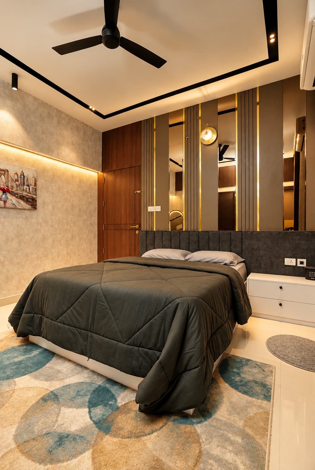 Bedroom at Skywalk TC One with warm neutral panelling and layered lighting