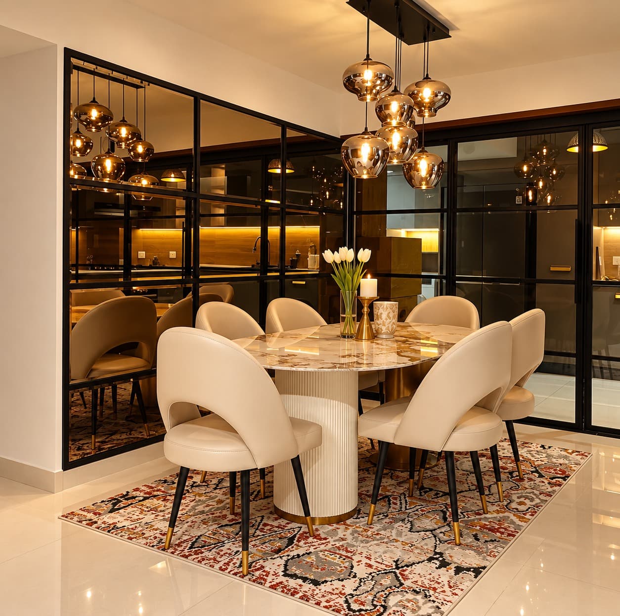 Dining area at Skywalk TC One with sculptural dining chairs and a glass-fronted display wall
