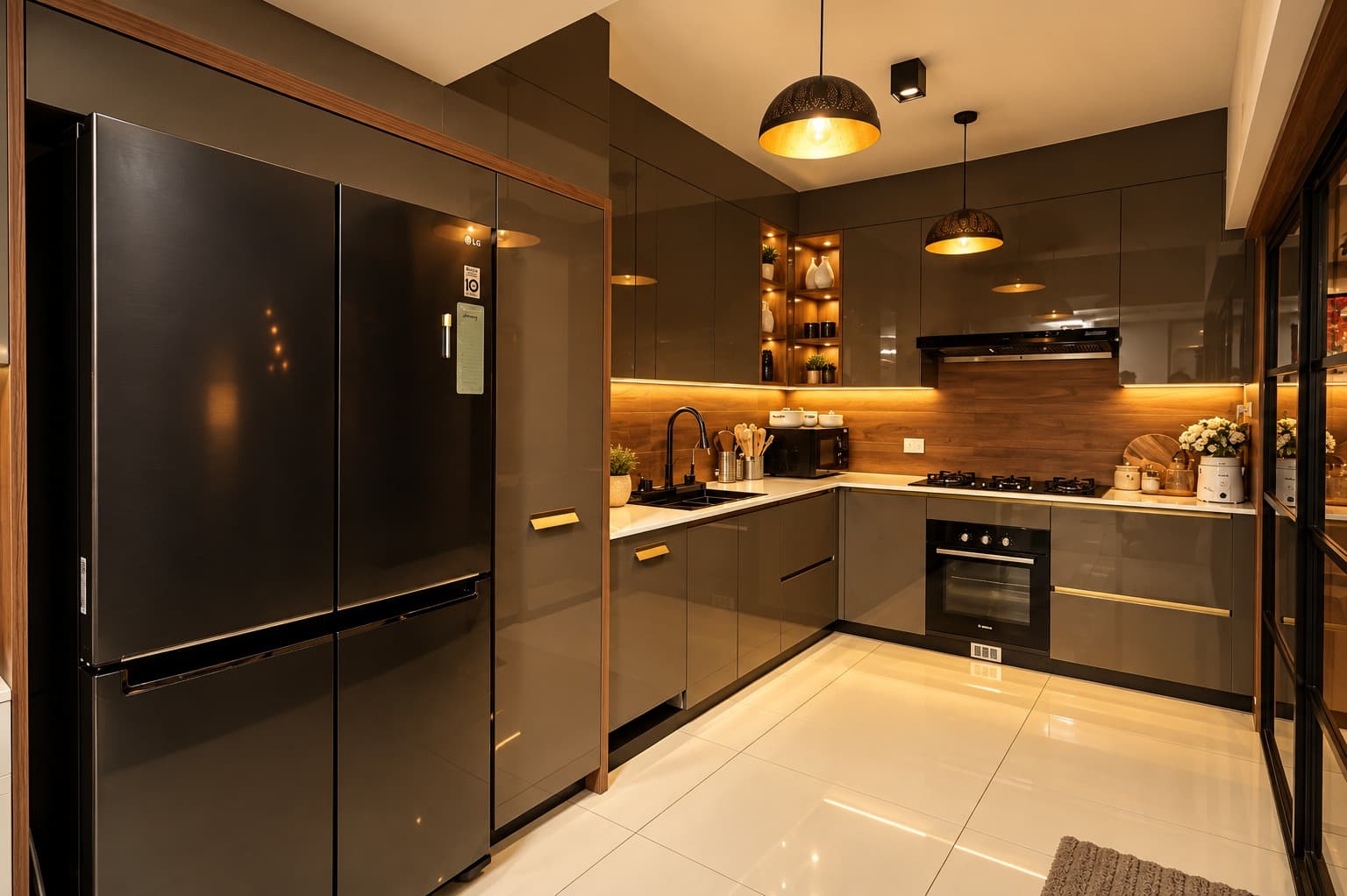 Kitchen at Skywalk TC One with dark cabinetry and warm task lighting