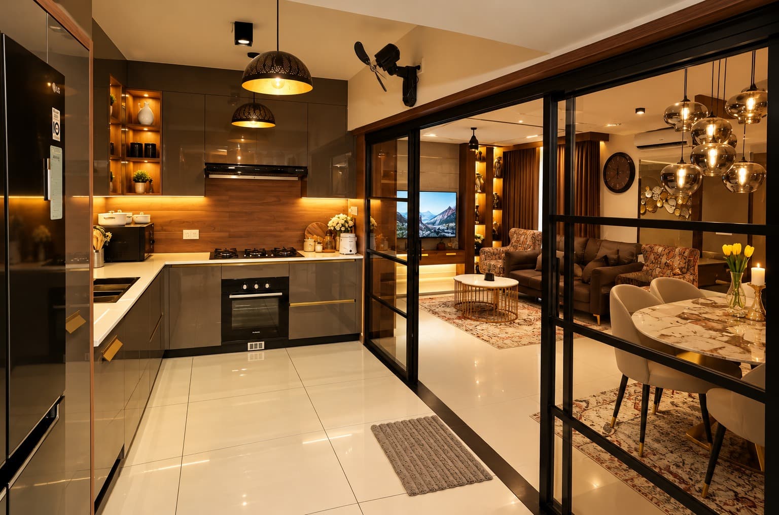 View from the kitchen through the black-framed glass partition to the living and dining areas
