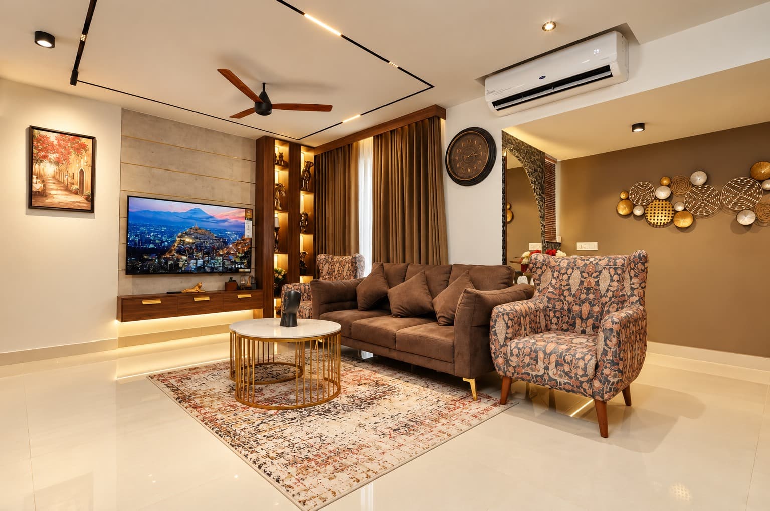 Living room at Skywalk TC One with warm timber detailing, contemporary seating and layered lighting