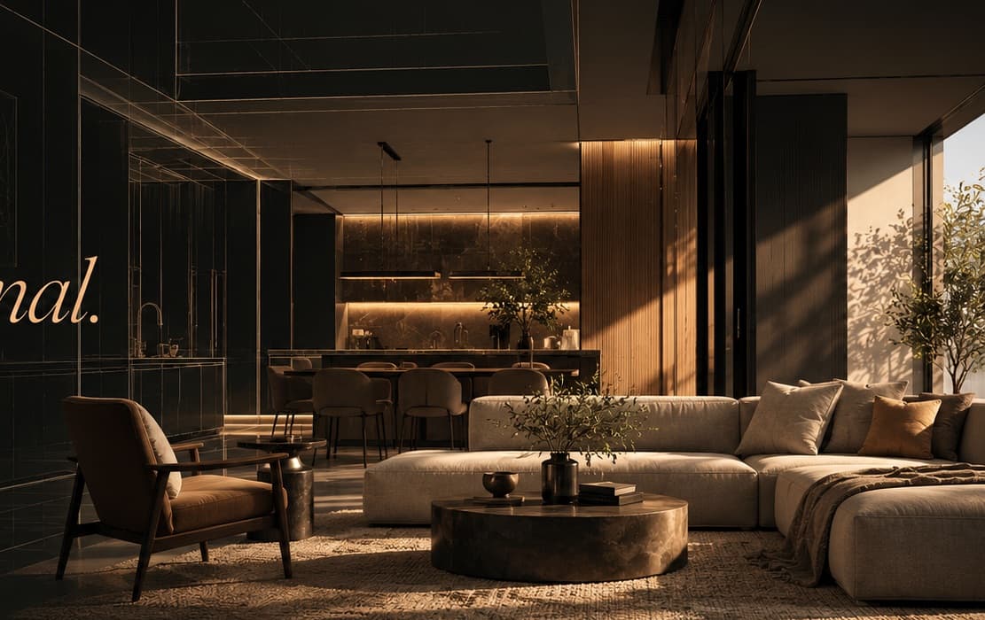 Warm contemporary interior with layered natural materials