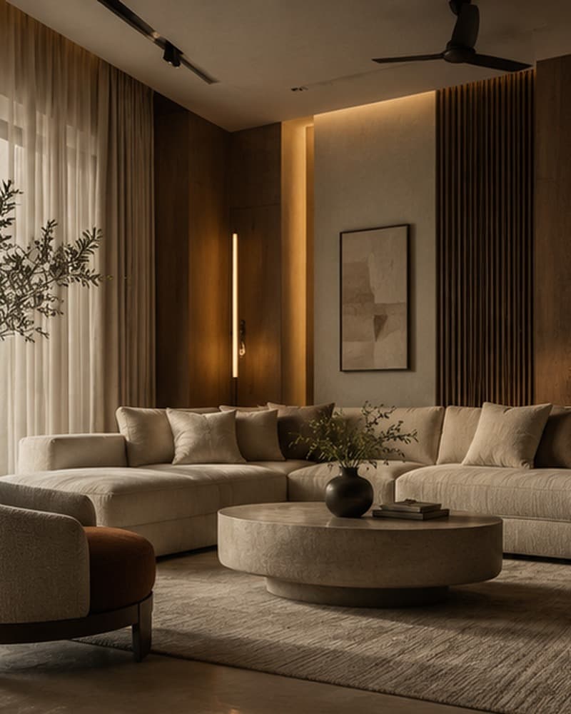Warm contemporary living room with considered lighting and natural materials