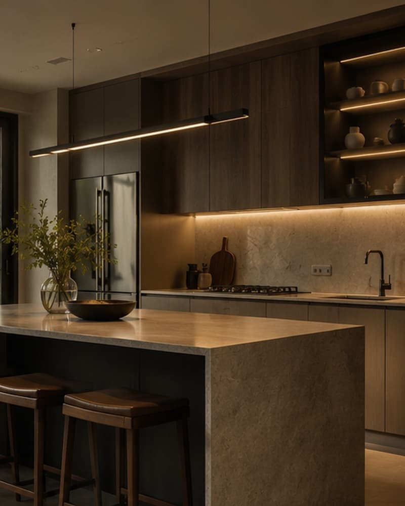Custom modular cabinetry and warm wood finishes in a contemporary interior