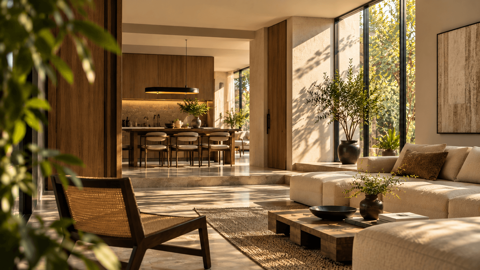 A sunlit luxury living space with sculptural furniture, warm stone and wood, and cinematic golden-hour light