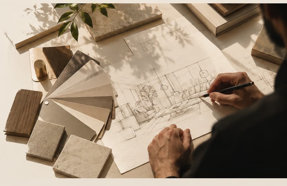 Material samples and an interior sketch laid out during the design process