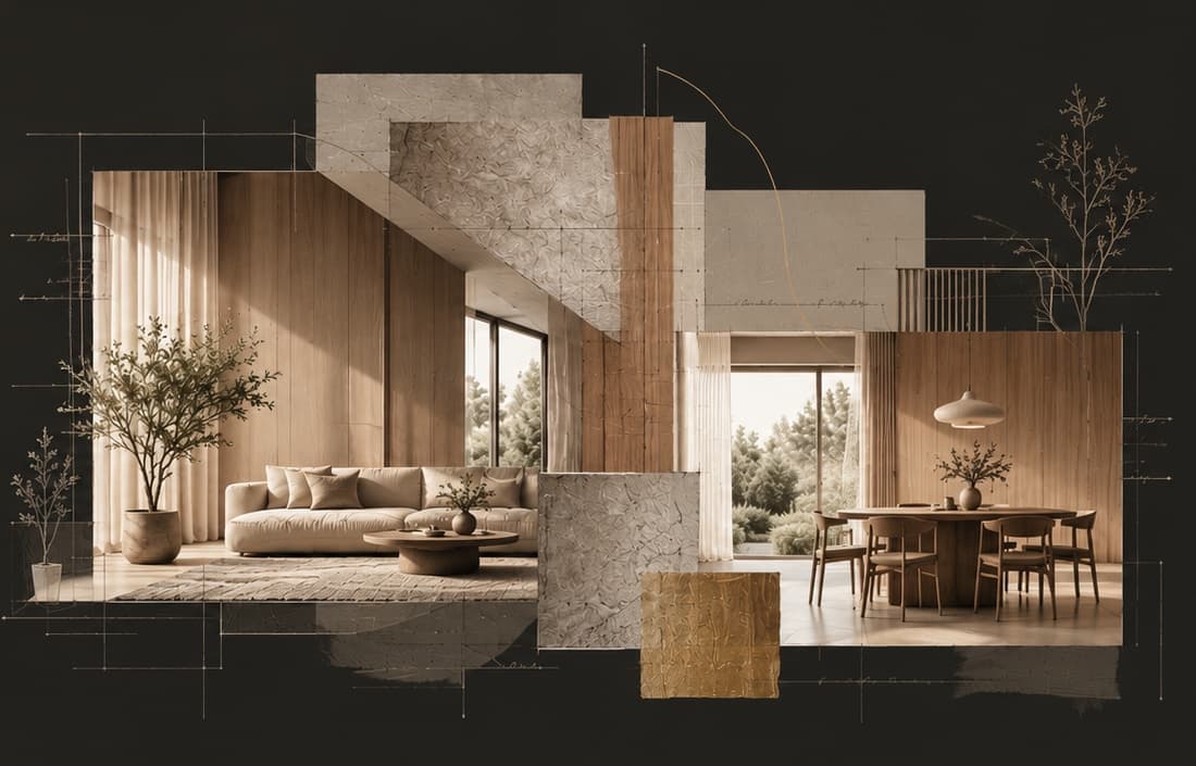 Concept collage connecting distinct living and dining interiors through architectural drawings and material studies