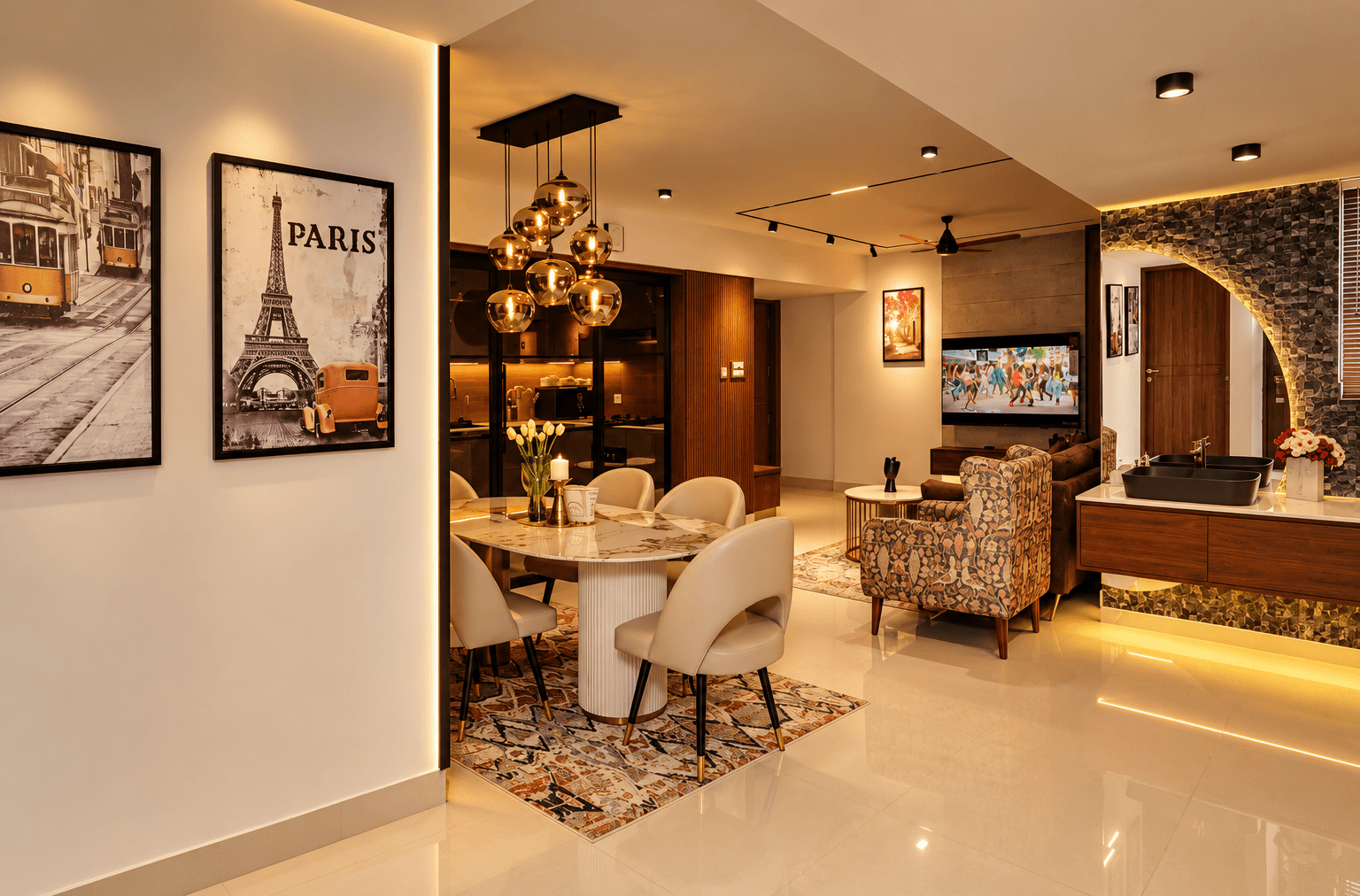 An overview of the Skywalk TC One apartment showing the dining area, living space and adjoining interiors